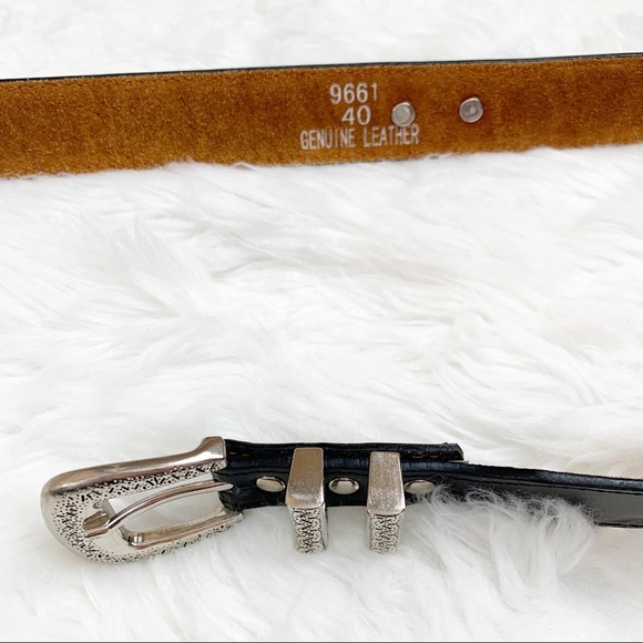 BRIGHTON black leather BOHO belt silver oval 40 - Picture 4 of 8